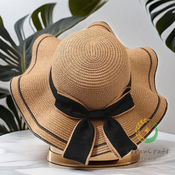 Chapeau de paille à bord large pour femme, chapeau habillé avec noeud papillon, chapeau de paille de plage, chapeau de soleil, chapeau d'été pliable, chapeau de vacances, chapeau de jardinage, chapeau cadeau