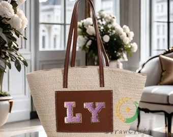 Custom Straw Tote Bag with Monogram, Personalized Initial Name Beach Bag, Embroidered Summer Bag, Monogram Straw Bag for Women,Gift for Her