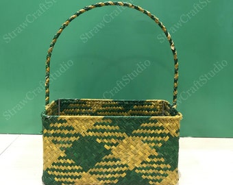 Handwoven Square Basket Storage Basket Straw Basket Storage Utility Basket Christmas gifts Home Decor Green Yellow Color with Handle