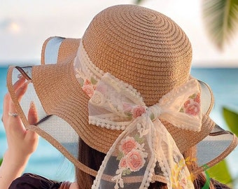 Straw Hats for Women, Hat with flowers Ribbon, Straw Hat, Wedding Hats Women, Beach Hat, Summer Hat, Wide Brim Straw Hat, Sunhat, Sun Visor