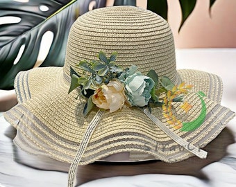 Unique Flower Fascinator Hat, Headband Wedding Floral Headpiece, Flower Straw Hats for Women, Floral Sun Hat, Summer Beach Hat, Flower Hat