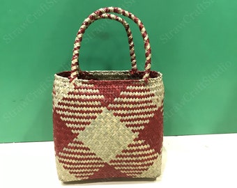 Straw handbag, Vintage market basket, Wicker storage basket, Natural Seagrass bags for women, Red woven shopping basket, Tote basket bag