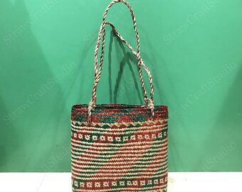 Straw basket, handbag for women, Summer beach bag, Seagrass basket, Boho green red color, handmade shopping tote basket, personalized gifts