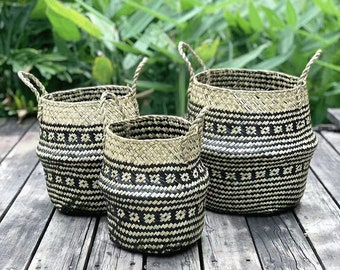 Eco-Friendly Handwoven Seagrass Belly Basket with Handles - Multi-Purpose Modern Storage and Home Decor Solution for Living Room and Bedroom