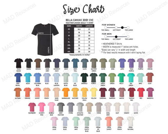 bella 3001cvc size chart