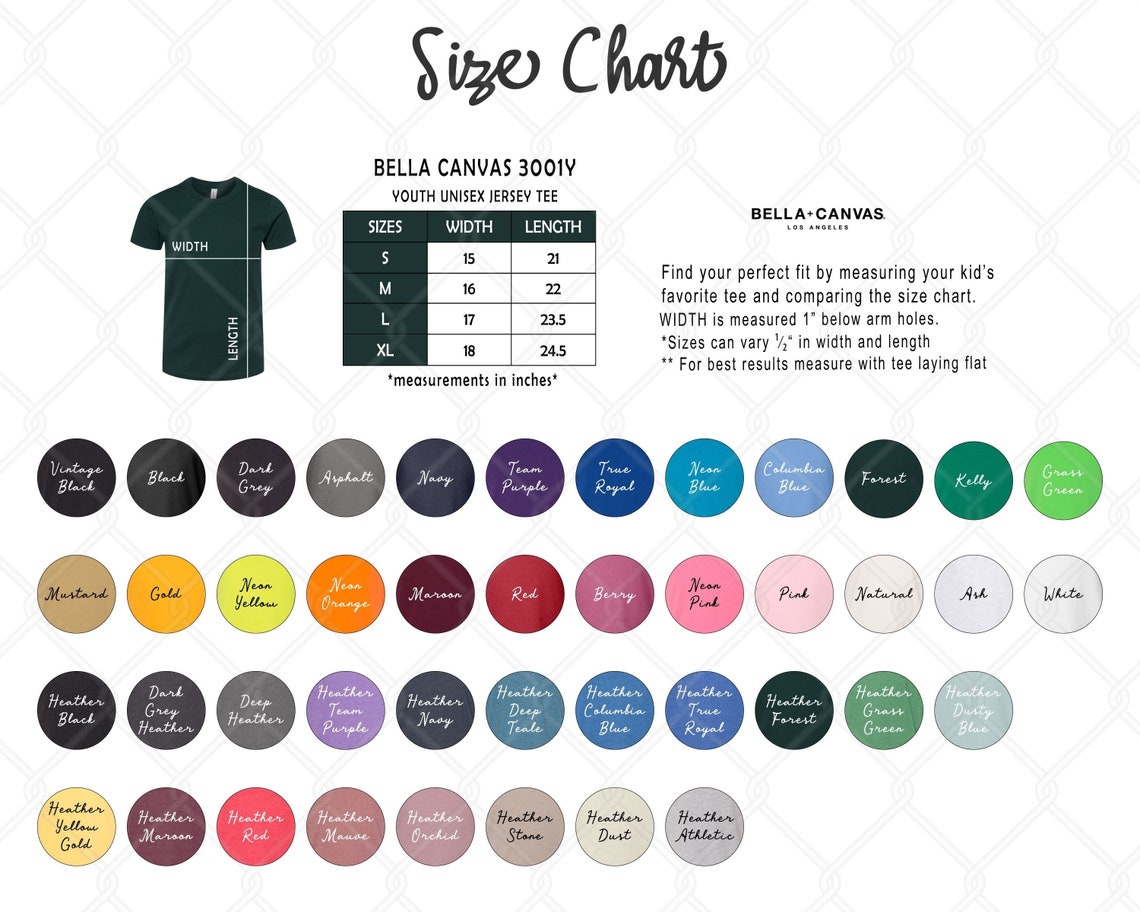 Bella Canvas 3001Y Size Color Chart, Bella Canvas 3001Y Size Chart