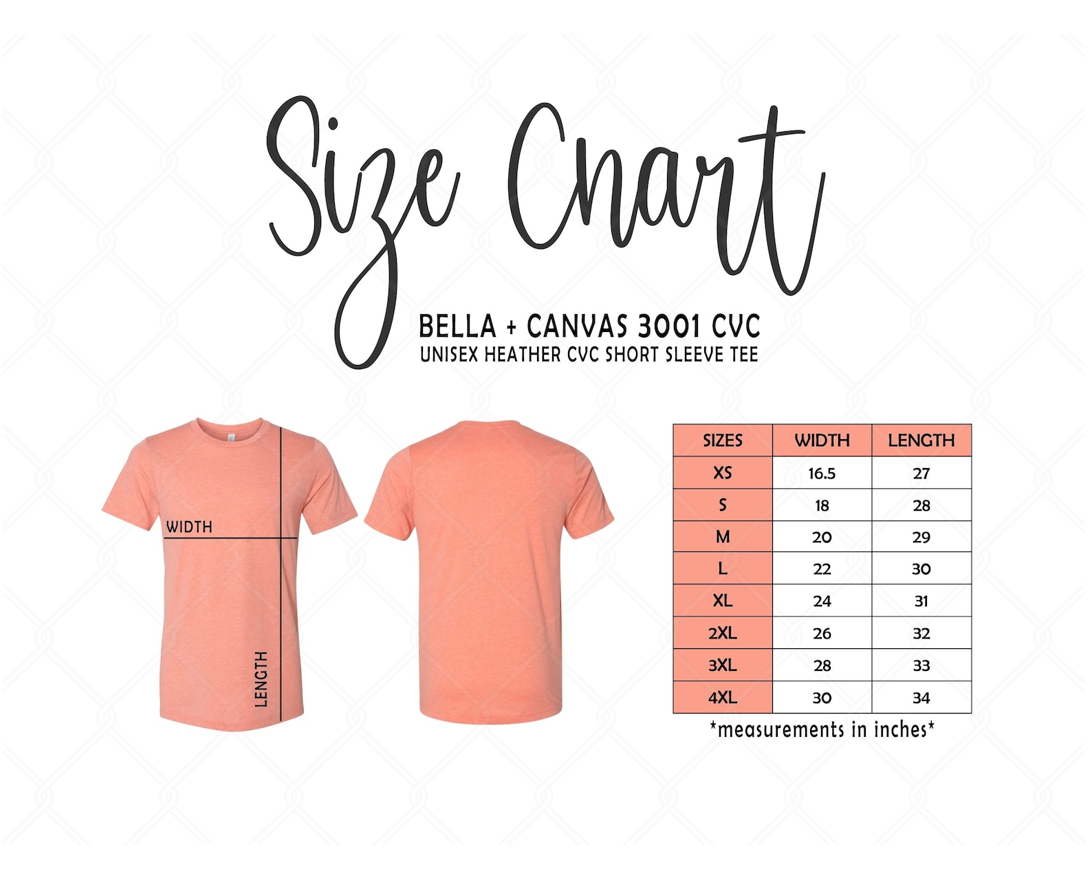 Bella Canvas 3001 Size Chart Bella Canvas T-shirt Size - Etsy