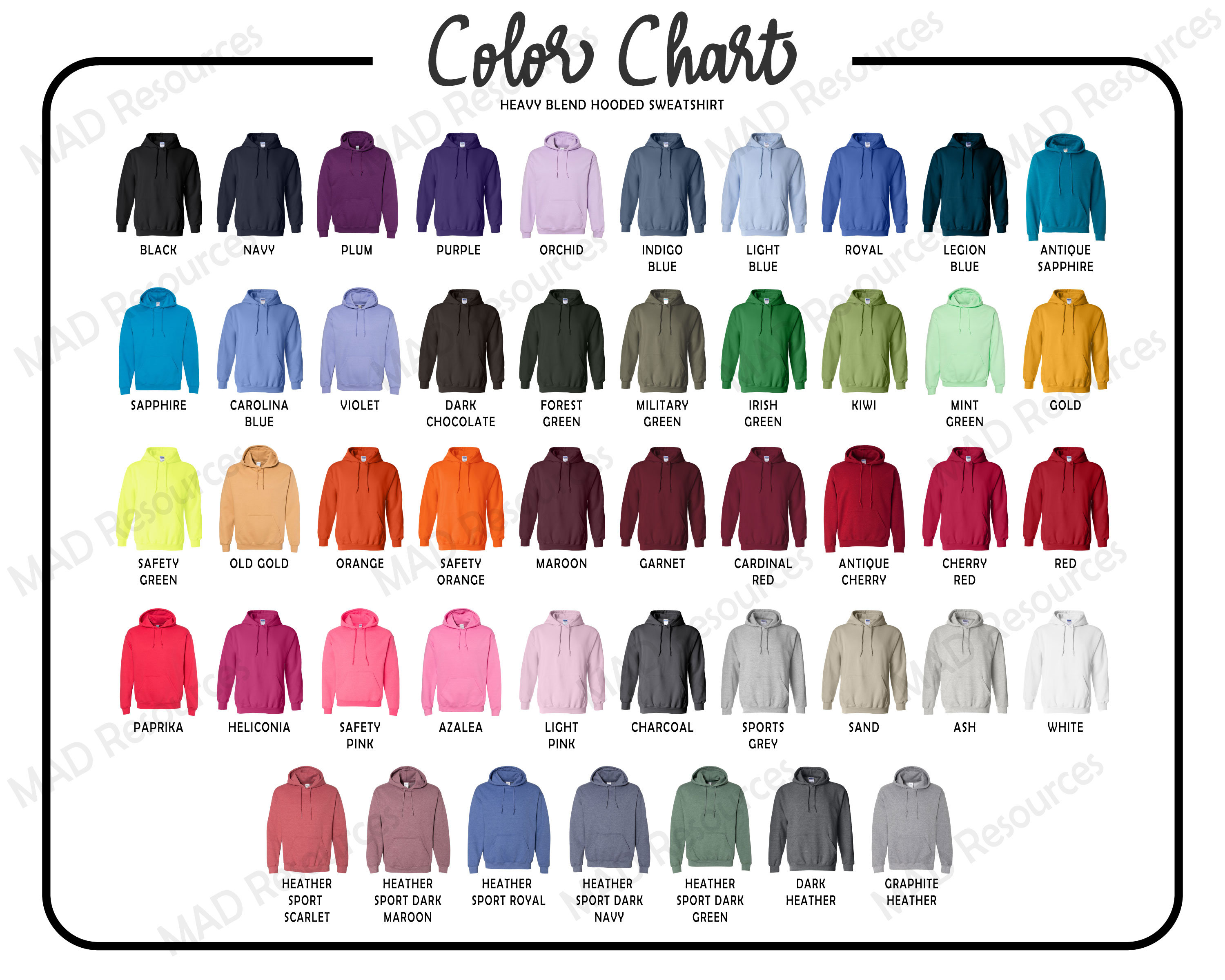 Color Chart For Gildan 18500 Hoodie, Digital Color Chart By