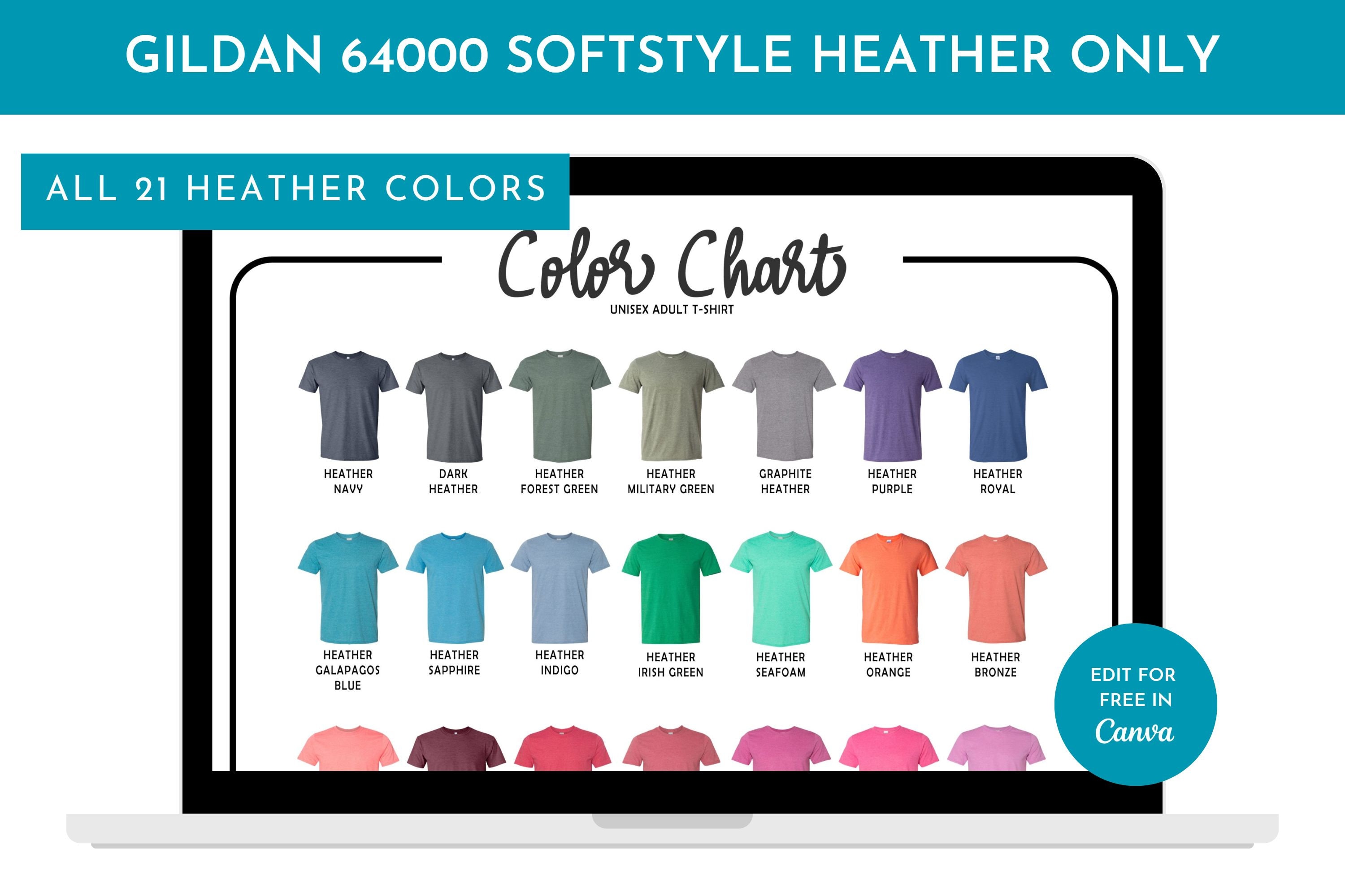 Gildan 64000 Softstyle Heather Only Canva Editable Template, All 21 ...