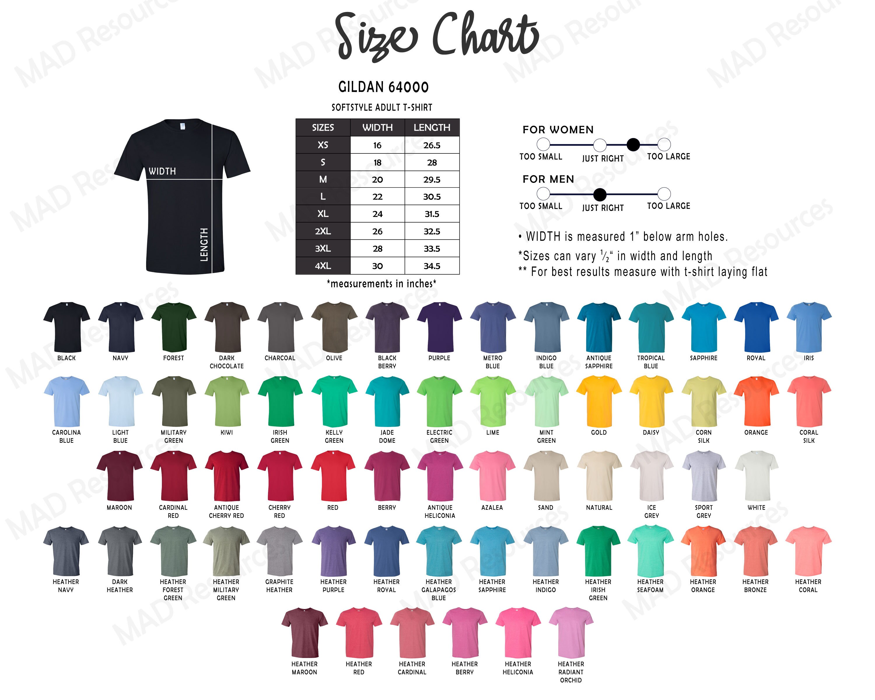 Every Shirt Color Chart Digital File, All 64 Colors 2021 Gildan, Gildan 64000 Softstyle, Unisex