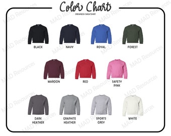 Every shirt color gildan 18000B Digital File, All 11 colors, gildan 18000 softstyle, Unisex Color Chart, Etsy Color Chart, 2021 gildan color