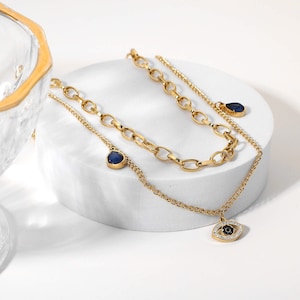 18K Vergoldete Evil Eye Halskette / Doppelte Kette Evil Eye Halskette / Cubic Zirconia Evil Eye / Choker Stil / Schutz Halskette