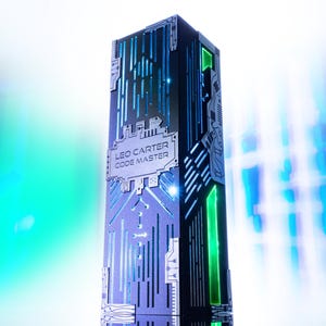 Peut inclure: Un trophée rectangulaire et élancé au design futuriste. Le trophée est principalement bleu et noir, avec des touches de vert. Le texte "LEO CARTER CODE MASTER" est affiché sur une plaque argentée. L'arrière-plan est un mélange flou de bleu et de blanc.