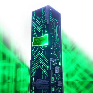 May include: A tall, rectangular black tower featuring glowing green circuit board patterns across its surface. The text LEO CARTER CODE MASTER is illuminated in green on the front panel, surrounded by intricate digital lines and electronic motifs.