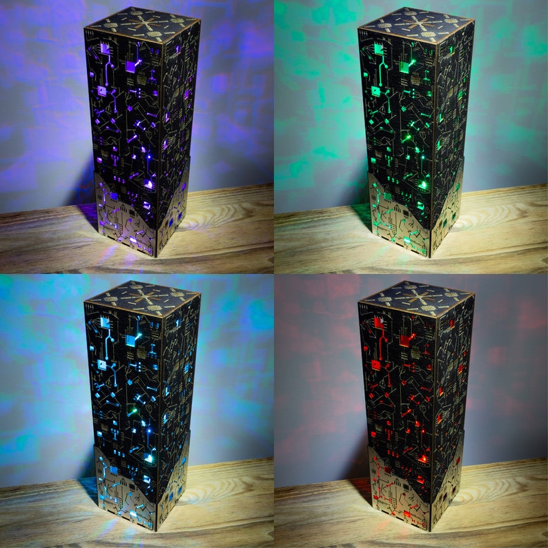 Cyberpunk Metal-Look Night Lamp Rectangular Prism Shape Sci-fi Punk Style LED Lamp Circuit Board Lamp Micro Scheme design Geek Gift image 5