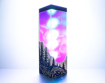 Northern Lights Lamp, Aurora Borealis over Pine Forest, Color Changing Scandinavian Decor, Custom Engraving