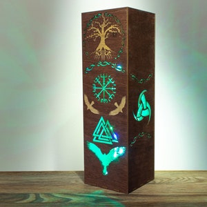 Norse Mythology Lamp | Odin&#39;s Thorn Ravens Yggdrasil Tree Vegvisir Symbol Runes Style | Modern Style LED RGB Night Lamp | Viking Inspired