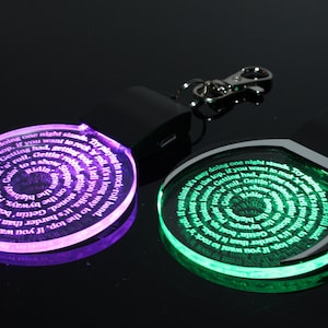 Può includere: Due portachiavi illuminati con un design circolare. Uno si illumina di viola, l'altro di verde. Ognuno presenta il testo di una canzone a spirale. I portachiavi hanno un retro nero e una chiusura argentata.