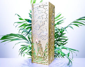 Prometheus Lamp, Greek Mythology Titan with Torch and Constellations, Gold Wood Lantern