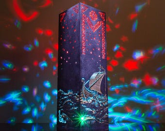 Viking Ship Lamp, Drakkar on Stormy Sea Waves with Runic Border, Norse Night Light