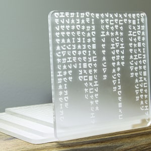 Puede incluir: Una lámina de acrílico transparente con una cuadrícula de caracteres japoneses impresos en ella. La lámina está de pie sobre una superficie de madera.