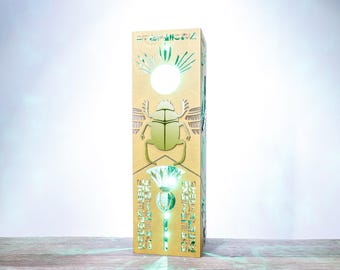 Egyptian Scarab LED Lamp – Sand Wood, Gold Accents, Ancient Decor