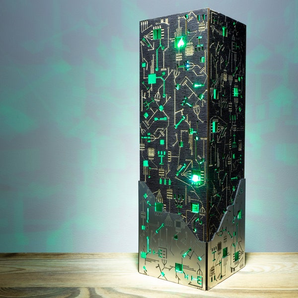 Cyberpunk Metal-Look Night Lamp | Rectangular Prism Shape | Sci-fi Punk Style LED Lamp | Circuit Board Lamp Micro Scheme design | Geek Gift