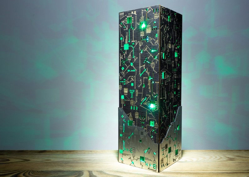 Cyberpunk Metal-Look Night Lamp Rectangular Prism Shape Sci-fi Punk Style LED Lamp Circuit Board Lamp Micro Scheme design Geek Gift image 1