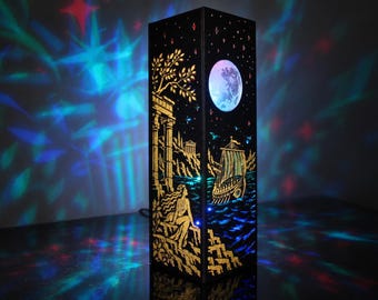 Odyssey Ship Night Light, Greek Mythology Lamp with Custom Name, Black and Gold Ancient Greece Moon Decor