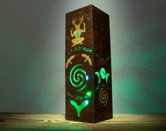Cernunnos Lamp, Celtic Horned God Night Light with Spirals, Pagan Wooden Decor, Custom Engraving