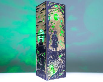 Samurai Silhouette Lamp, Moonlit Forest Path and Shrine, Japanese Shadow Night Light, Custom Engraving