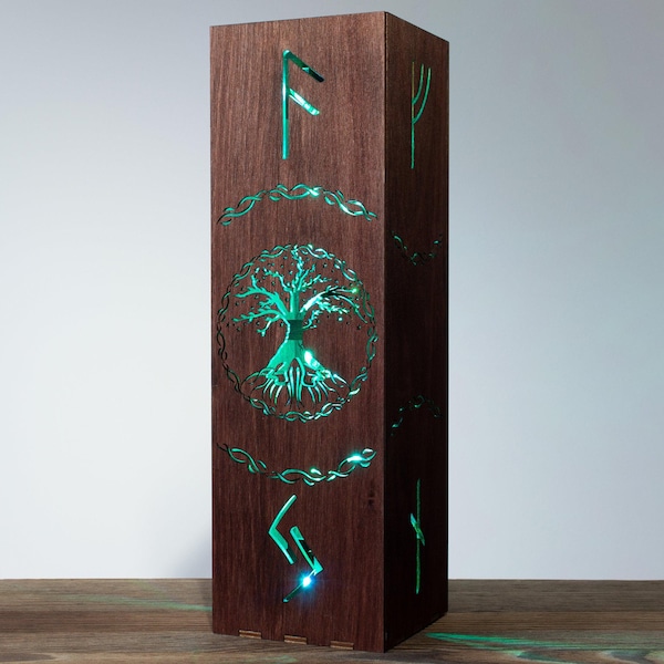 Yggdrasil Boom Nachtlamp | Levensboom Schaduwlamp | Noordse Vikingstijl Bureau- en Nachtlampje met RGB LED | Viking Runen Vegvisir Runensymbool