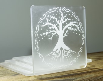 Yggdrasil Tree Coaster | Tree Of Life Transparent Engraved Coaster | Viking Runes Vegvisir Runic Symbol Coaster