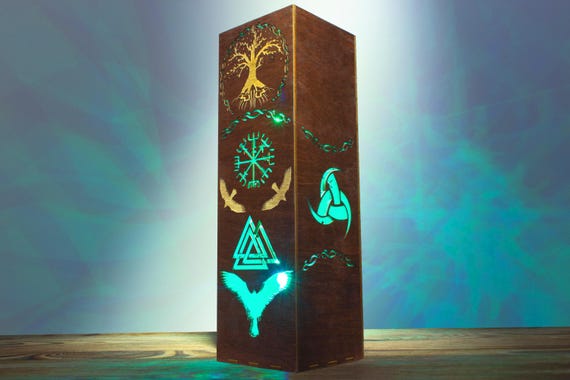 Norse Mythology Lamp | Odin's Thorn Ravens Yggdrasil Tree Vegvisir Symbol Runes Style | Modern Style LED RGB Night Lamp | Viking Inspired