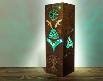 Norse Mythology Lamp | Odin's Thorn Ravens Yggdrasil Tree Vegvisir Symbol Runes  | Sci-fi Punk Style LED RGB Night Lamp | Viking Inspired