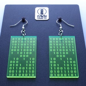 Pu&ograve; includere: Un paio di orecchini rettangolari verde neon con motivi a codice binario. Ogni orecchino ha un gancio argentato e una serie di numeri in una griglia. Gli orecchini sono esposti su una superficie nera con un logo.