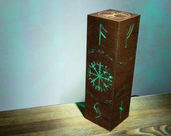 Vegvisir-lampa, nordisk vikinganattlampa | Färgat trä, RGB USB, 20 färglägen, 8,5×8,5×28 cm