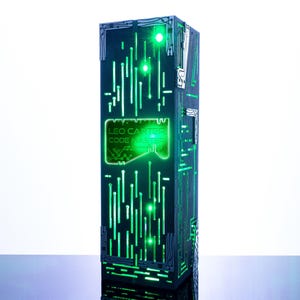 Peut inclure: Une tour rectangulaire noire et haute avec un motif de circuit imprimé vert lumineux sur le devant. Le texte LEO CARTER CODE MASTER est éclairé en vert au centre. Le design présente des lignes verticales et des points rappelant un flux de données.