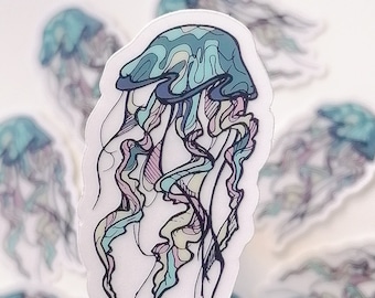 Pegatina de vinilo transparente de medusas azules, arte de la vida marina