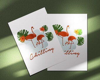 Biglietto d'auguri con fenicottero / Divertente biglietto di compleanno tropicale / Biglietto illustrato formato A6 / Biglietto umoristico per un'amica / Regalo per lei