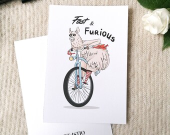 Biglietto d'auguri con lama in bicicletta in stile Fast & Furious / Biglietto d'auguri con animali divertenti / Biglietto d'auguri con alpaca / Biglietto illustrato formato A6