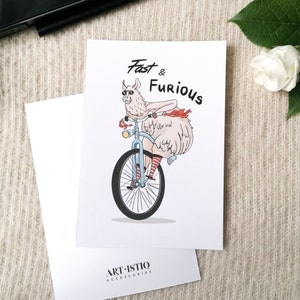 Cartão de felicitações de alpaca fofo, cartão de felicitações A6, cartão Velozes e Furiosos, cartão de aniversário, cartão-presente com lhama, cartão-presente com bicicleta, lhama legal