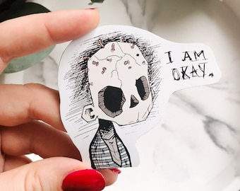 Przerażająca naklejka winylowa z motywem szkieletu | Gotycka naklejka z humorystycznym motywem czaszki | Naklejka na Halloween | Mroczna naklejka na laptopa | Gotycki prezent