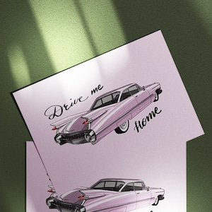 Cartão Cadillac rosa, Cadillac rosa, Cartão de felicitações A6, Cartão vintage, Cartão postal retrô, Cadillac rosa, Cartão de aniversário, Cartão rosa, Cartão postal do Elvis
