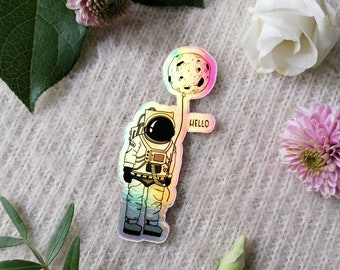 Adesivo olografico astronauta / Adesivo in vinile iridescente con pallone lunare / Adesivo spaziale per laptop / Adesivo per borraccia / Regalo a tema spaziale