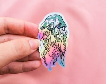 Adesivo olografico a forma di medusa arcobaleno, in vinile resistente all'acqua.