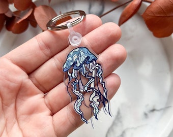 Portachiavi a forma di medusa blu, accessorio per auto Kawaii a tema vita marina.