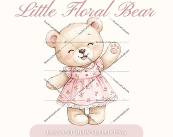 Simpatico orsetto floreale ad acquerello PNG, orsetto di peluche vintage civettuolo in abito rosa, clipart, design per sublimazione per baby shower, uso commerciale