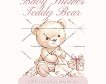Orsetto di peluche ad acquerello PNG, orsetto vintage carino con coperta SVG, clipart di orsetto con fiocco civettuolo, design per sublimazione per baby shower, uso commerciale