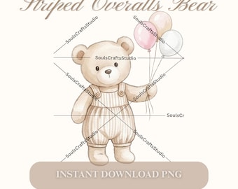 Simpatico orsetto di peluche ad acquerello con palloncini PNG, orsetto in salopette a righe clipart, design per sublimazione per il 1° compleanno, baby shower, commerciante